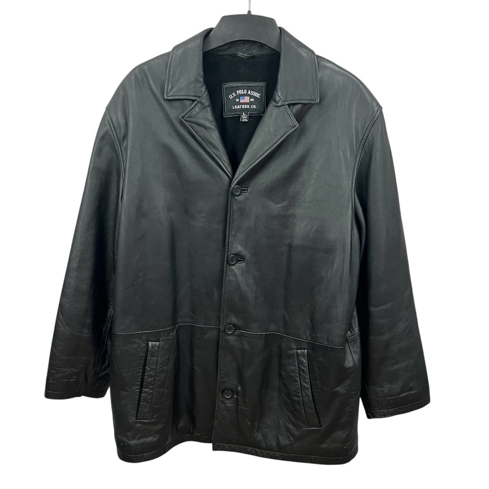 Vintage Y2K Retro US Polo Assn Black Genuine Leather Trench Blazer Car Coat